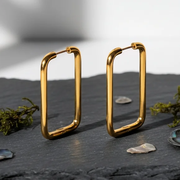 Minimalist Geometric Hoop Earrings 18K Gold Plated Stainless Steel Modern - Picture 6 of 11